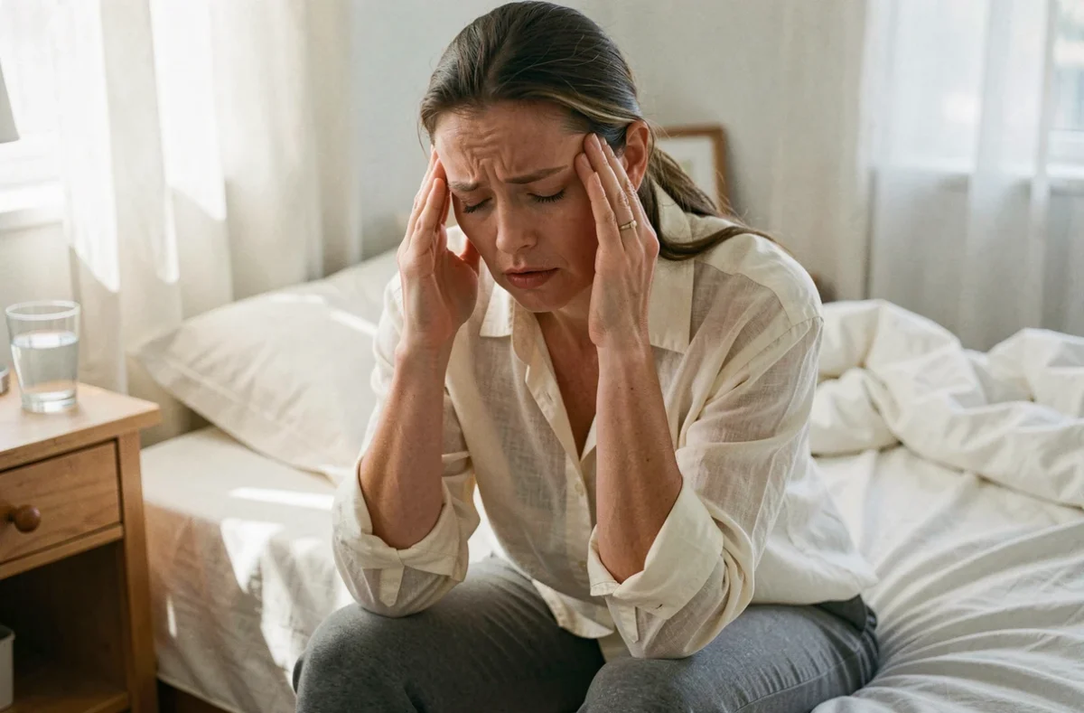 Femme assise sur son lit les mains sur les tempes, exprimant une sensation de tête lourde et de vertiges liés au stress
