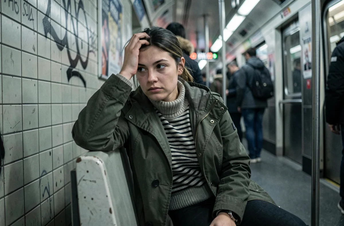 Jeune femme dans le métro la main sur le front, représentant les vertiges et la sensation de tête lourde liés à l'anxiété quotidienne