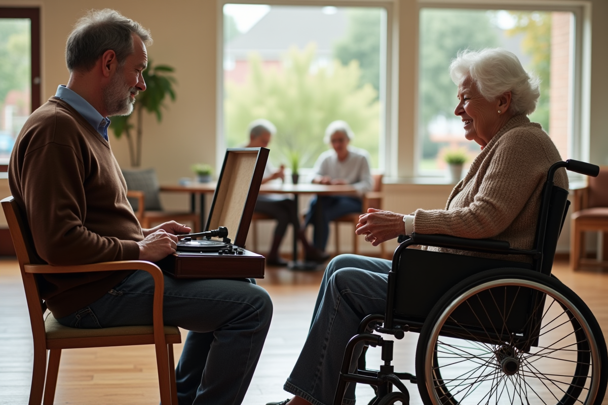 Homme thérapeute écoutant une femme âgée en fauteuil