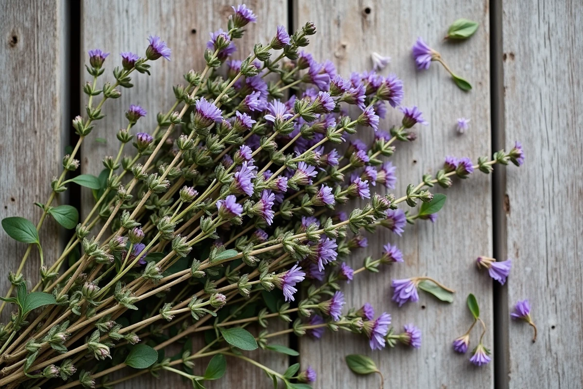 Brins de thym sauvage fraîchement récoltés avec leurs fleurs violettes sur une table en bois rustique
