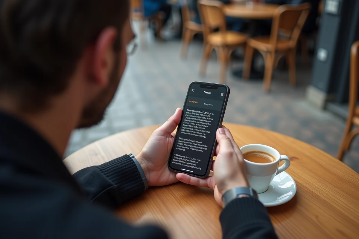 Mains tenant un smartphone affichant un site d'information dans un café parisien, symbolisant la vérification des rumeurs en ligne sur la santé d'une personnalité publique