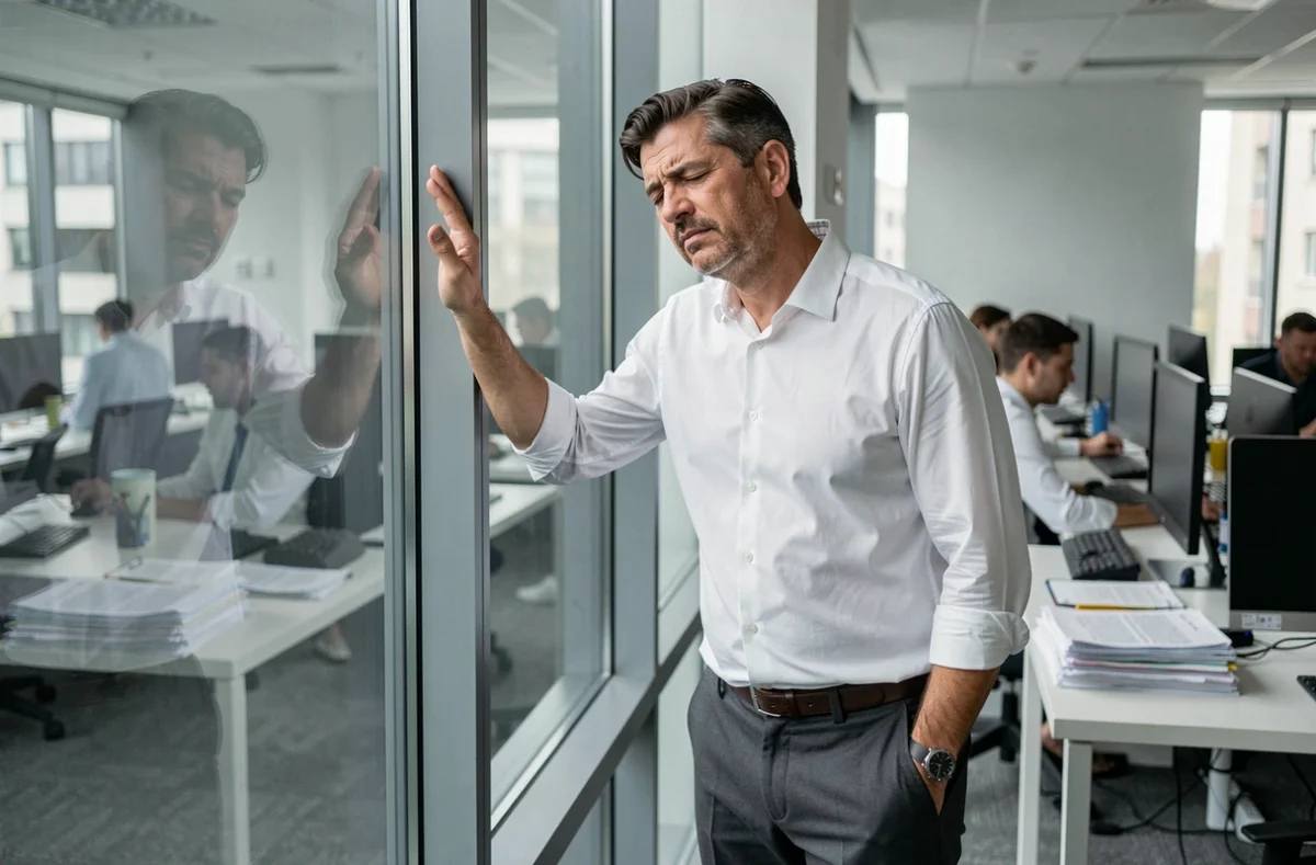 Homme en bureau appuyé contre une vitre les yeux fermés, illustrant les vertiges et la tête lourde causés par le stress professionnel