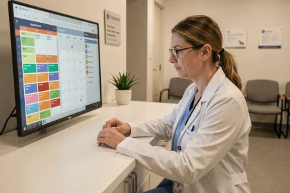Vétérinaire utilisant un logiciel de gestion de rendez-vous sur écran tactile dans une clinique vétérinaire moderne