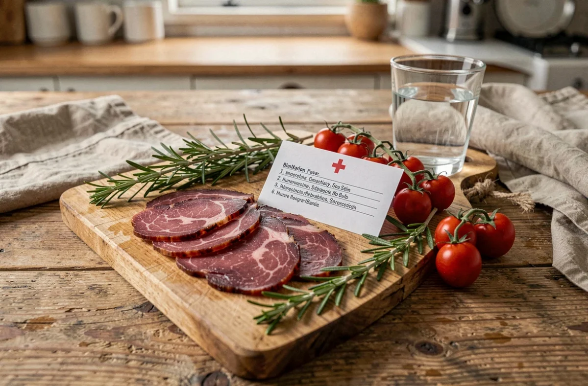 Viande des grisons en tranches sur une planche en bois avec indication de mise en garde alimentaire pour femme enceinte